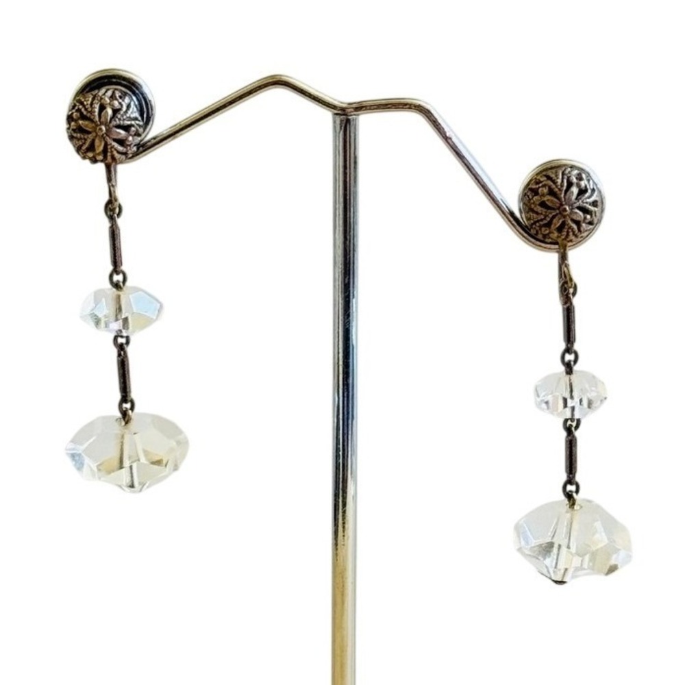 VTG‎ Art Deco Screw Back Carved Glass Earrings Czech Silver Dangle Flapper